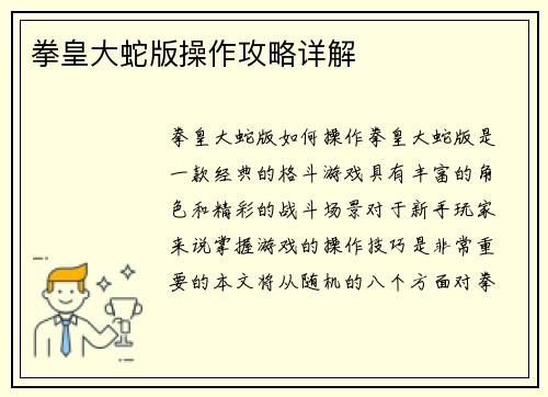 拳皇大蛇版操作攻略详解